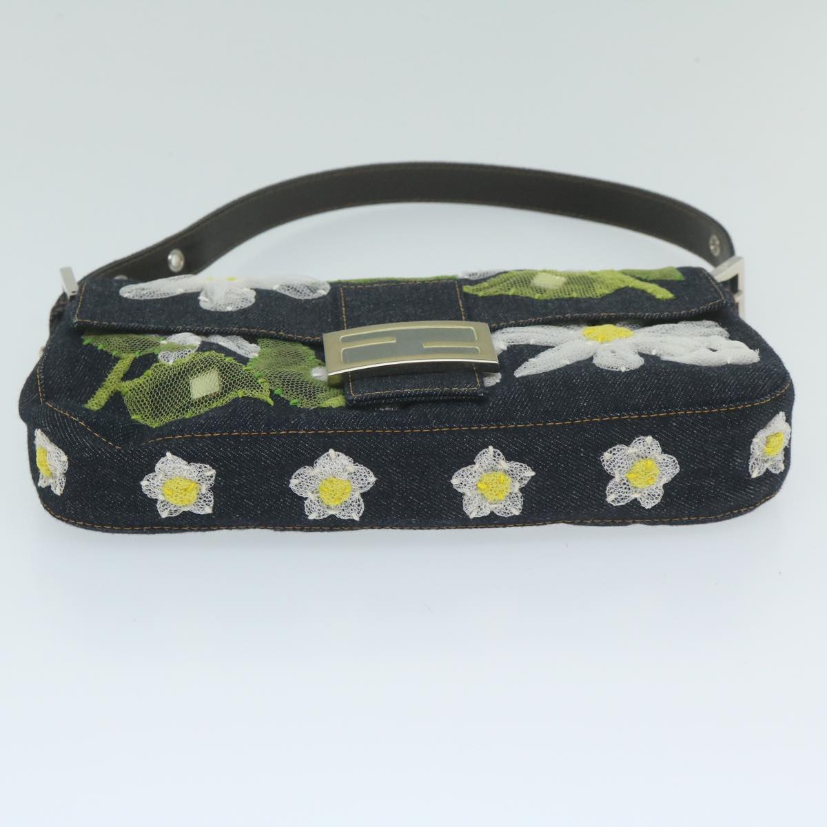 FENDI Flower Lace Mamma Baguette Shoulder Bag Denim Blue ki3965A