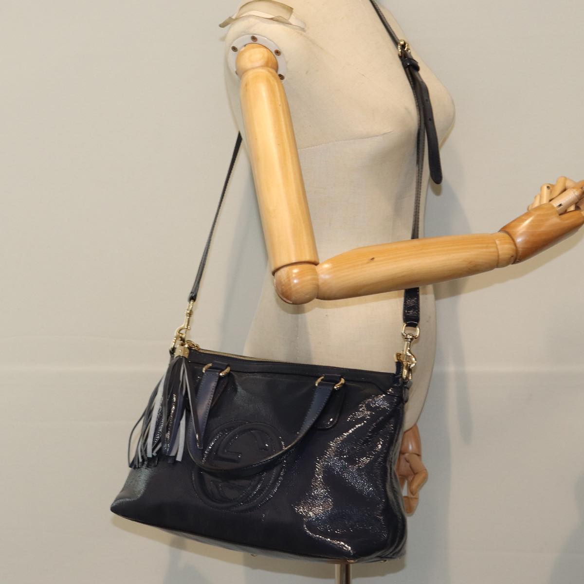 GUCCI Soho Tote Bag Enamel 2way Navy 308362 ki4673