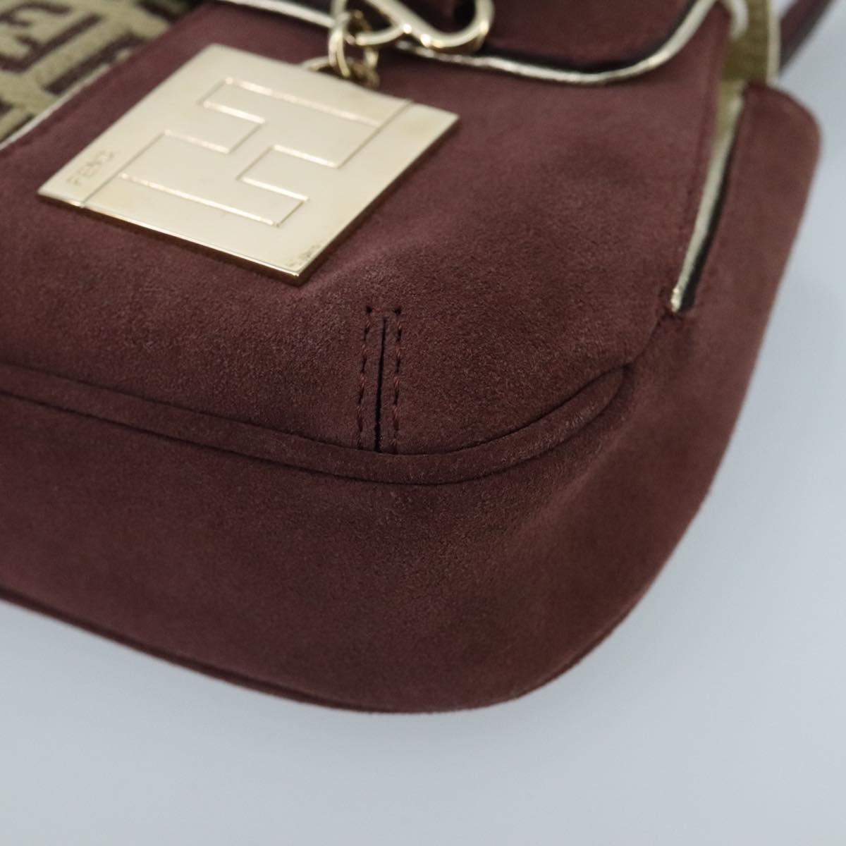 FENDI Zucchino Canvas Hand Bag Suede Beige Bordeaux ki5026