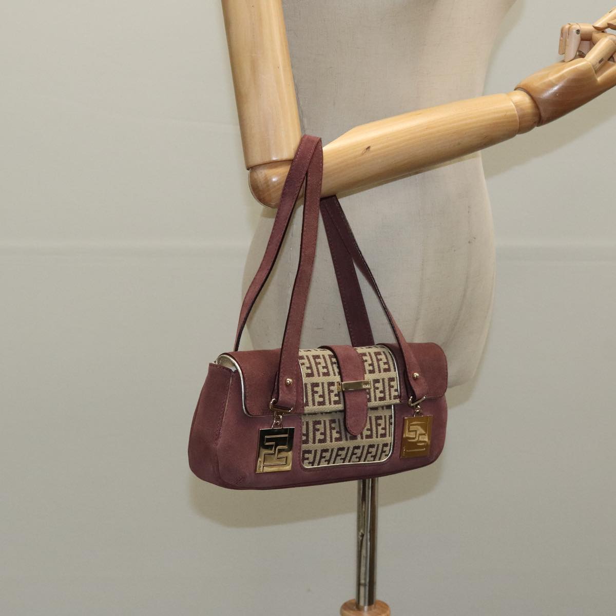 FENDI Zucchino Canvas Hand Bag Suede Beige Bordeaux ki5026