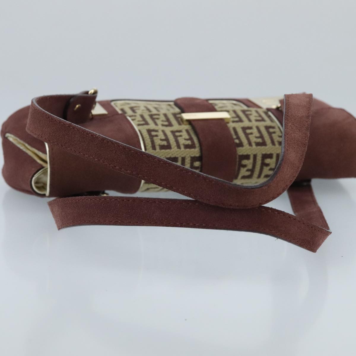 FENDI Zucchino Canvas Hand Bag Suede Beige Bordeaux ki5026