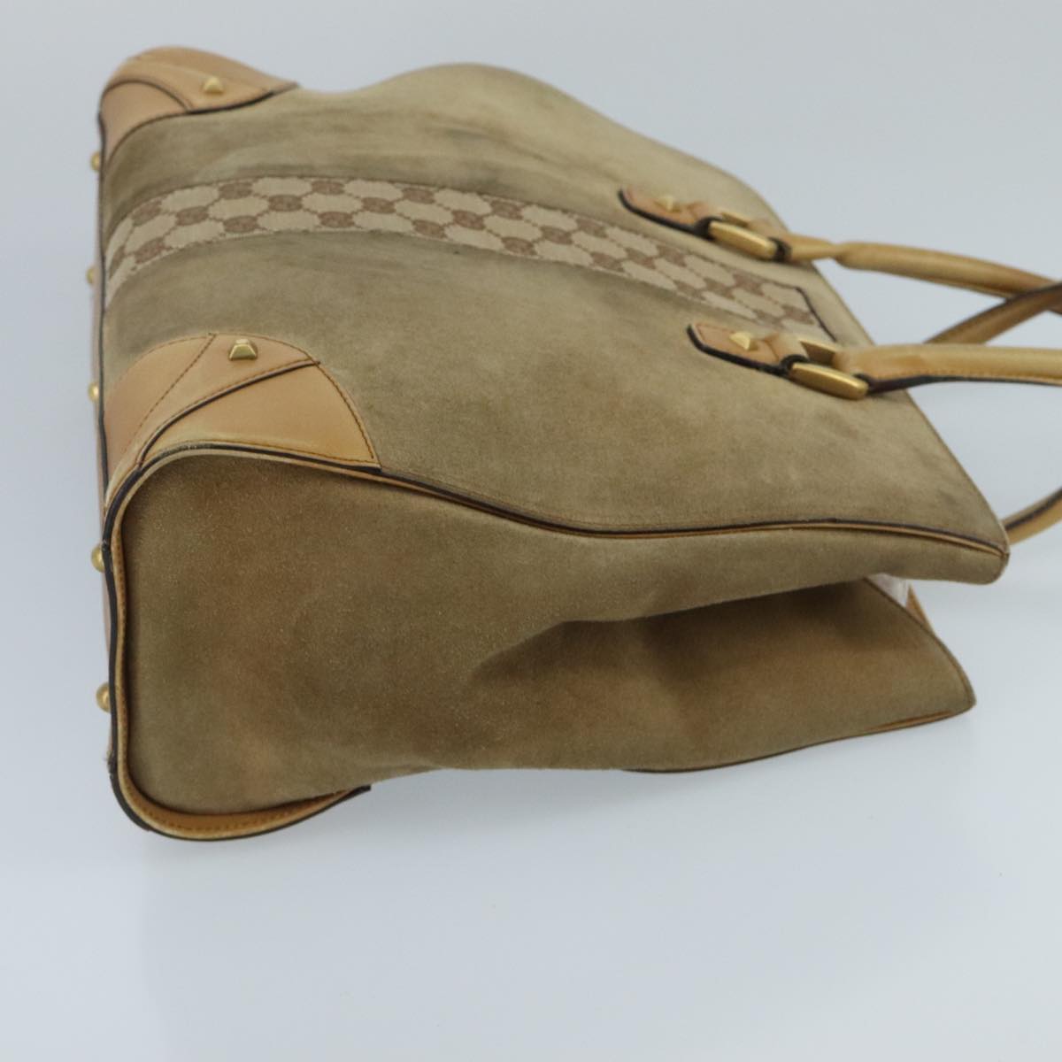 GUCCI GG Canvas Tote Bag Suede Studs Brown Gold 120897 ki5094
