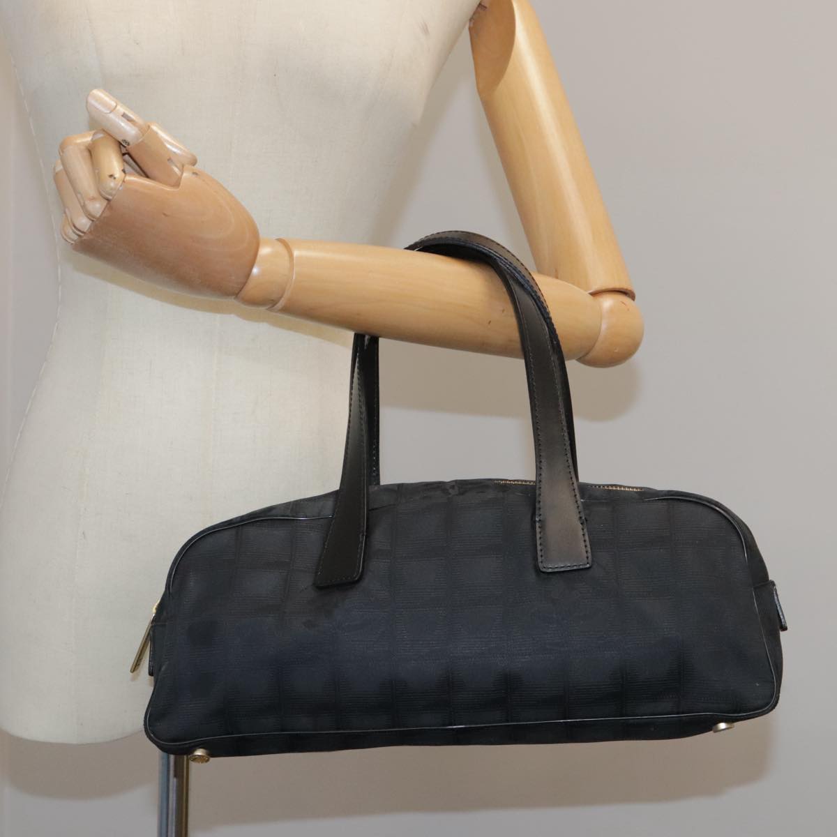 CHANEL New Travel Line Hand Bag Nylon Black Gold CC ki5217