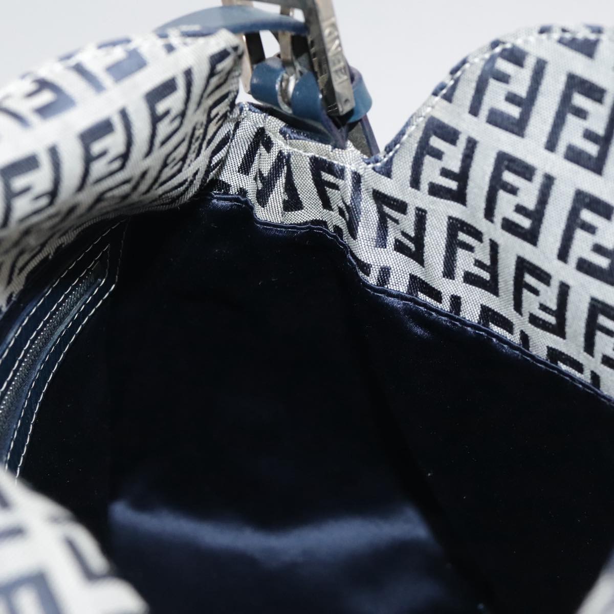FENDI Zucchino Canvas Mamma Baguette Shoulder Bag Navy Silver ki5282