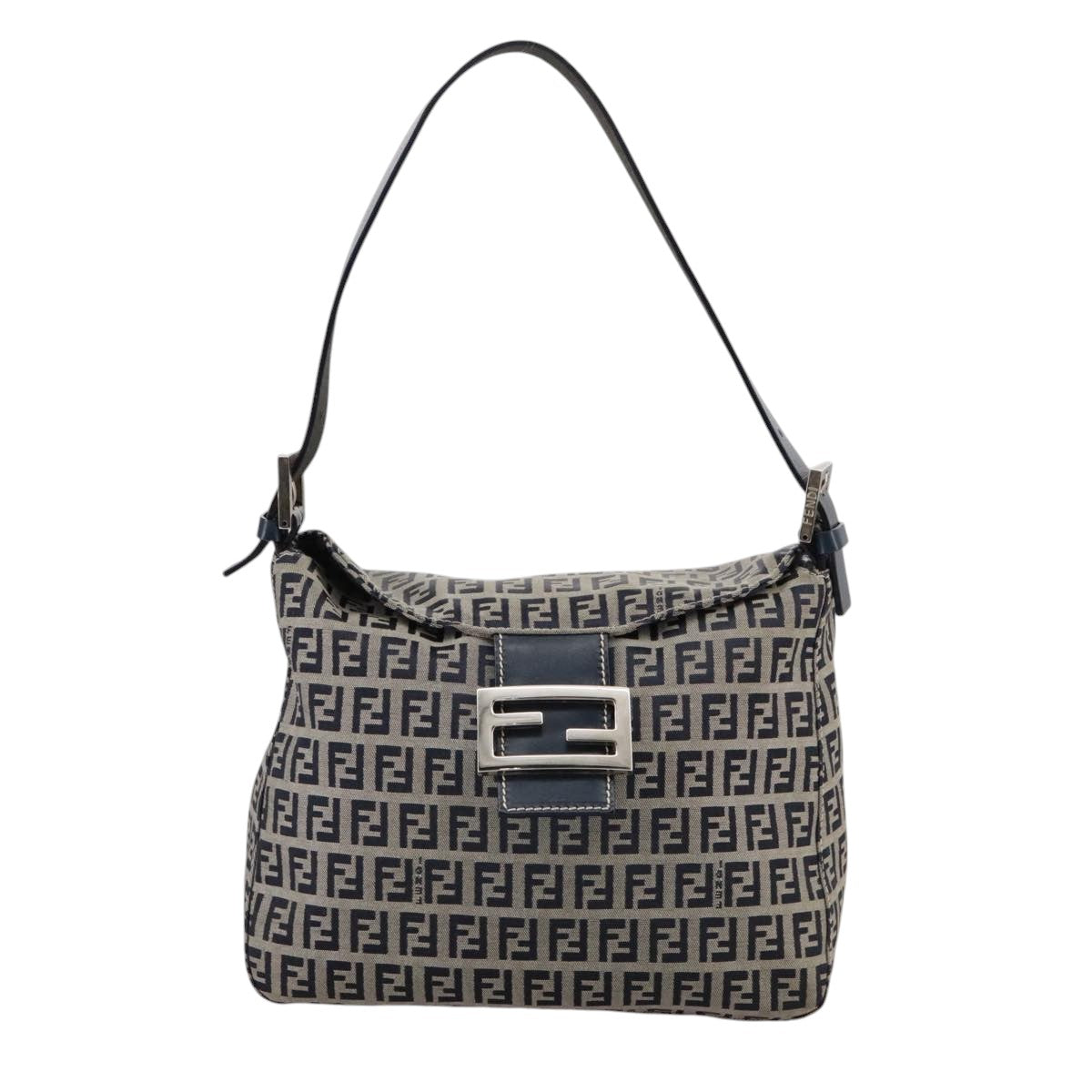 FENDI Zucchino Canvas Mamma Baguette Shoulder Bag Navy Silver ki5282