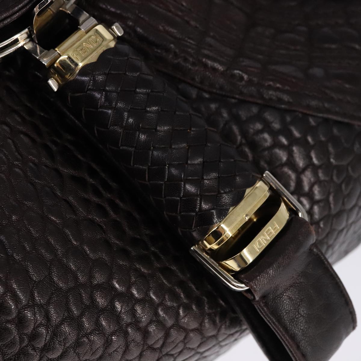 FENDI Spy bag Hand Bag Leather Brown Gold ki5356