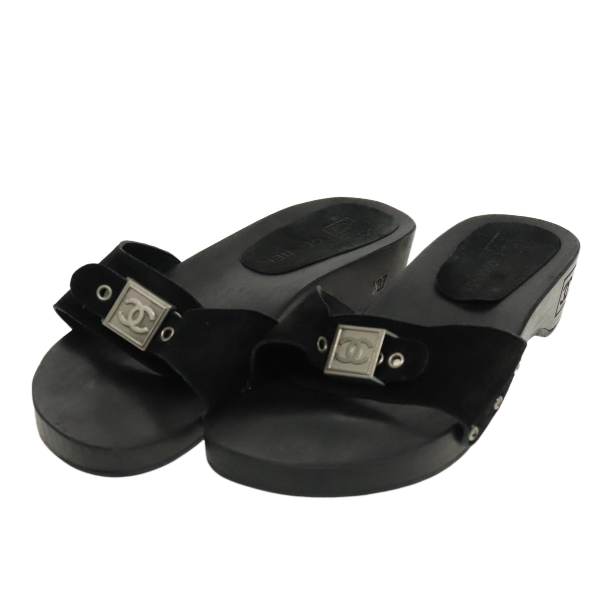 CHANEL Size 37 Sandals Suede Black Silver CC kk353