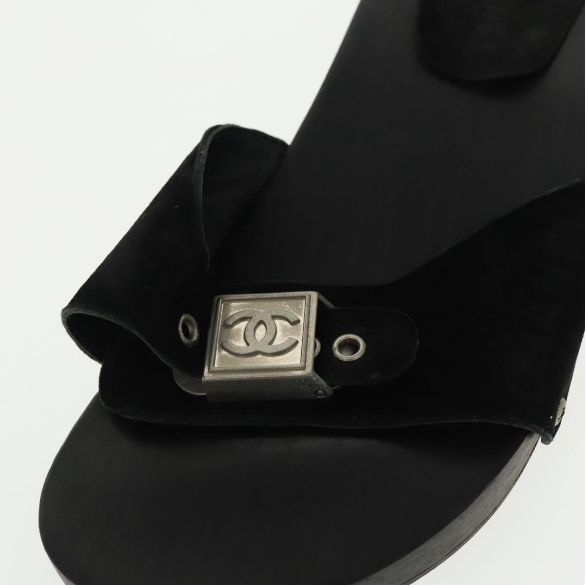 CHANEL Size 37 Sandals Suede Black Silver CC kk353