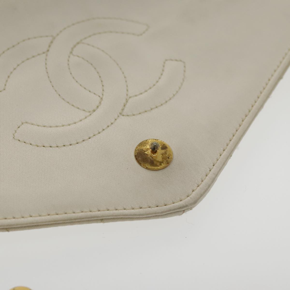 CHANEL Matelasse Chain Shoulder Bag Satin White Gold CC kk366A