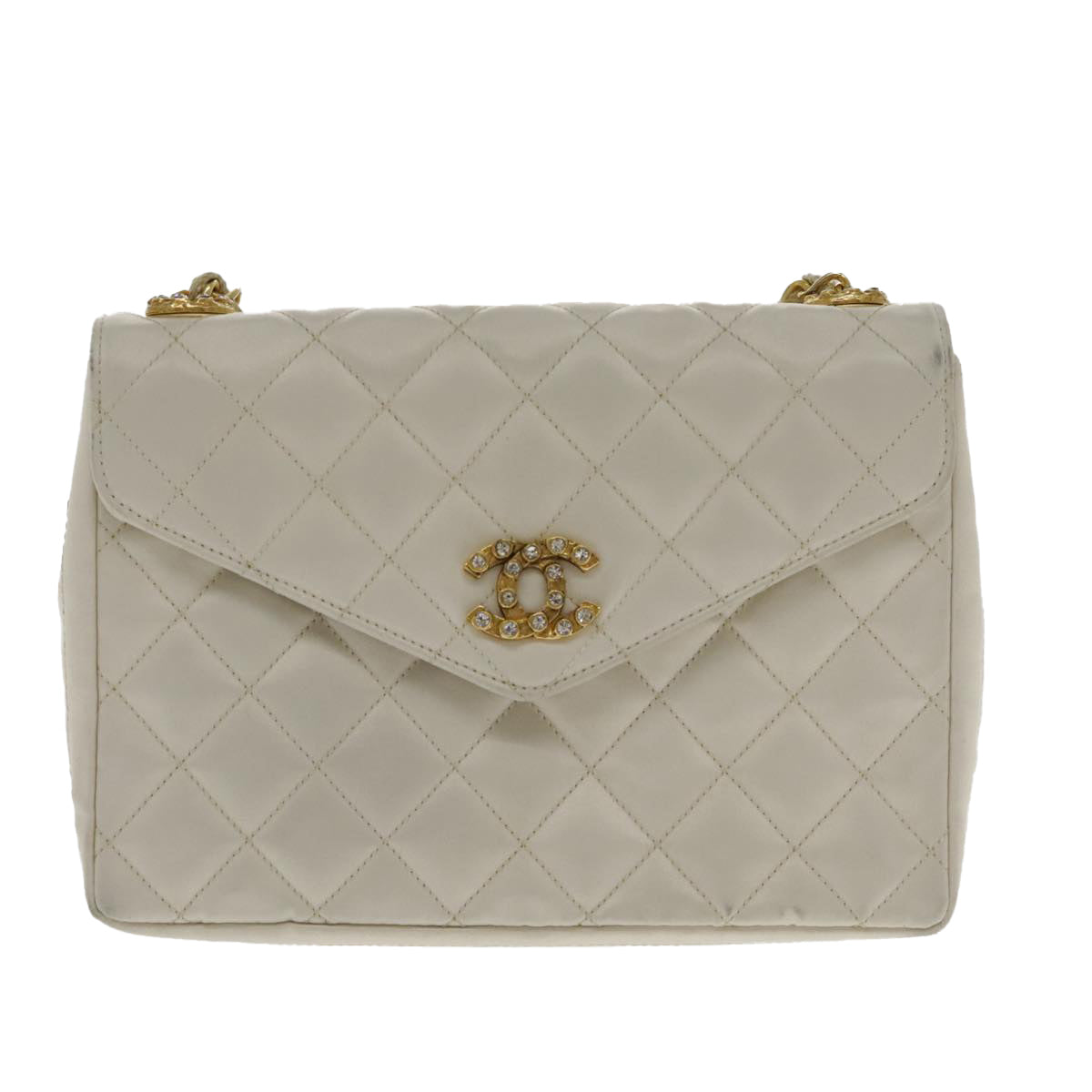 CHANEL Matelasse Chain Shoulder Bag Satin White Gold CC kk366A