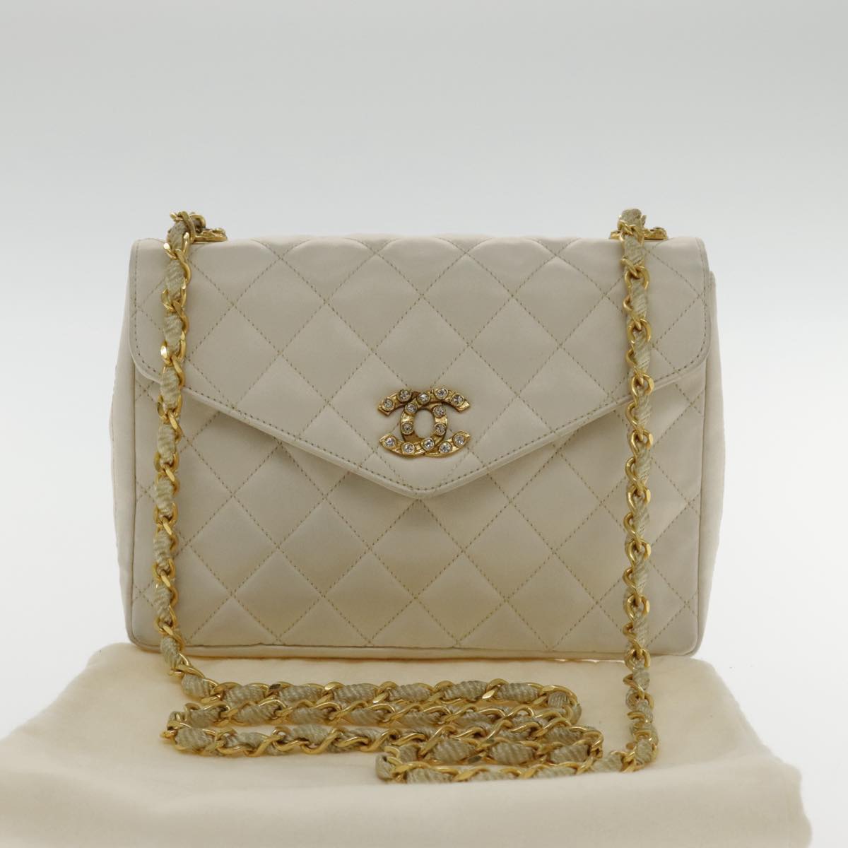 CHANEL Matelasse Chain Shoulder Bag Satin White Gold CC kk366A