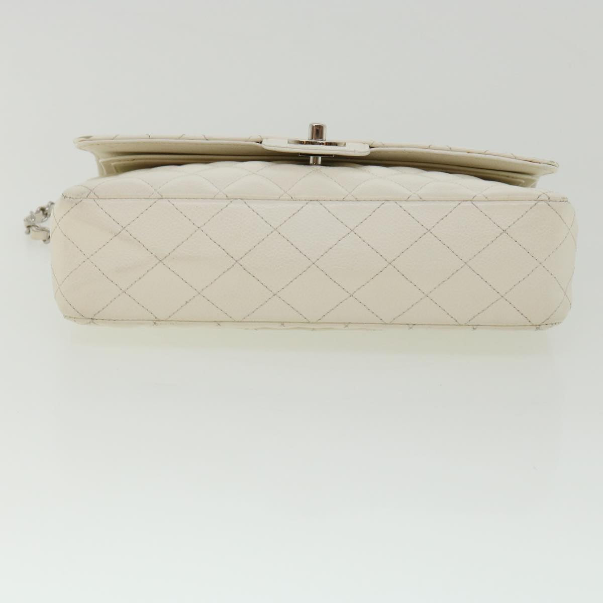 CHANEL Matelasse Double Flap Chain Shoulder Bag Caviar Skin White CC knn085