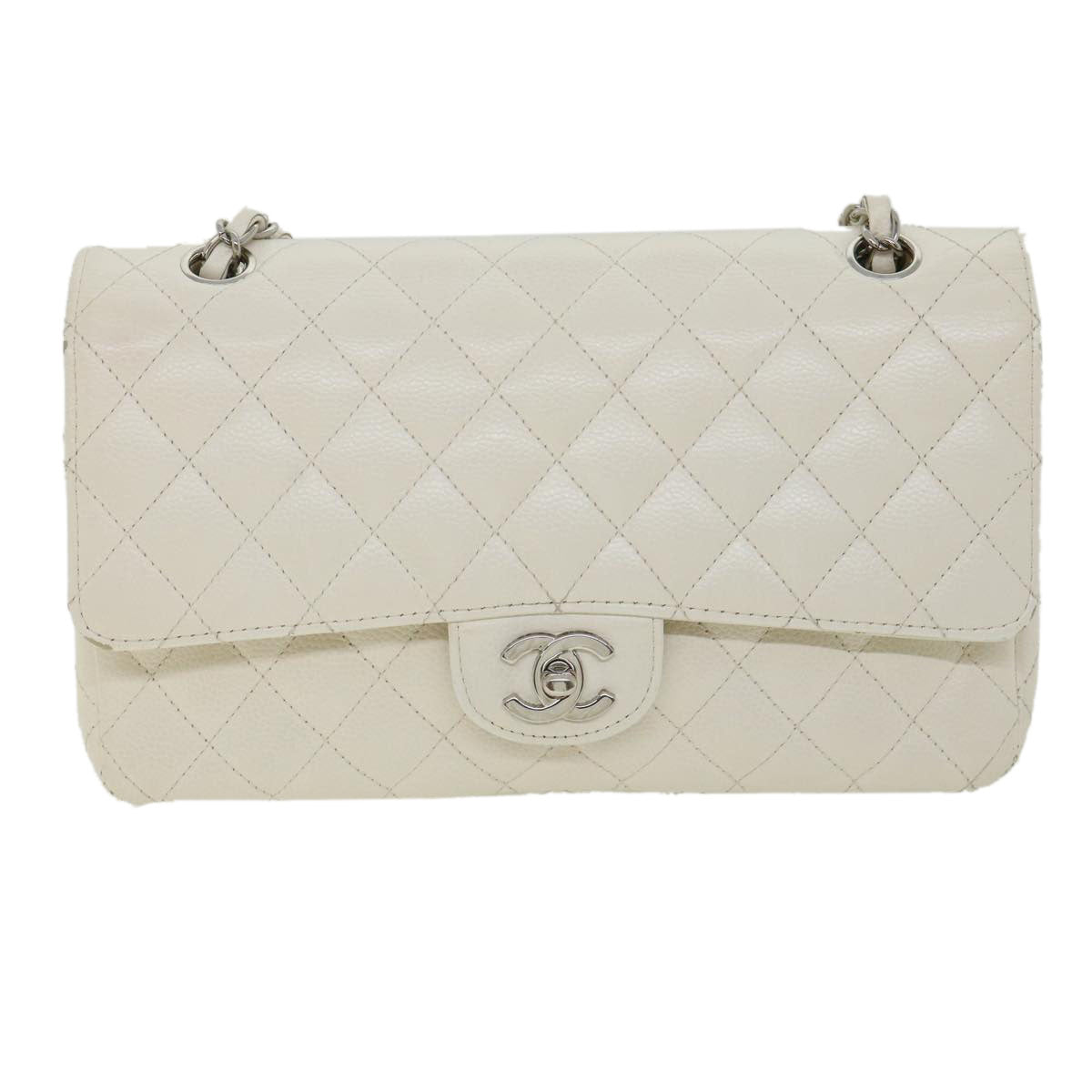 CHANEL Matelasse Double Flap Chain Shoulder Bag Caviar Skin White CC knn085
