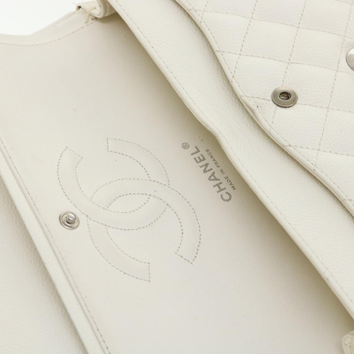 CHANEL Matelasse Double Flap Chain Shoulder Bag Caviar Skin White CC knn085