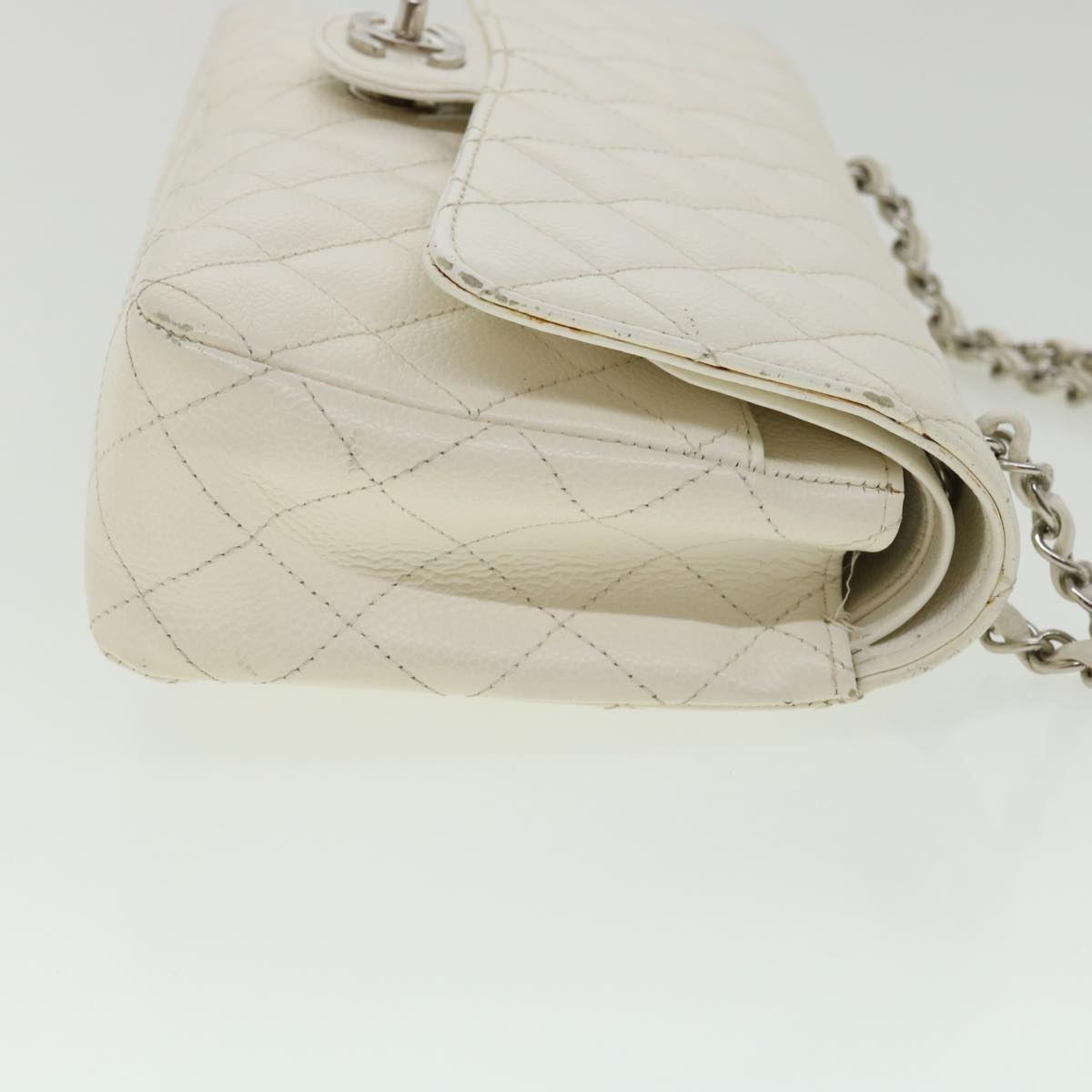 CHANEL Matelasse Double Flap Chain Shoulder Bag Caviar Skin White CC knn085