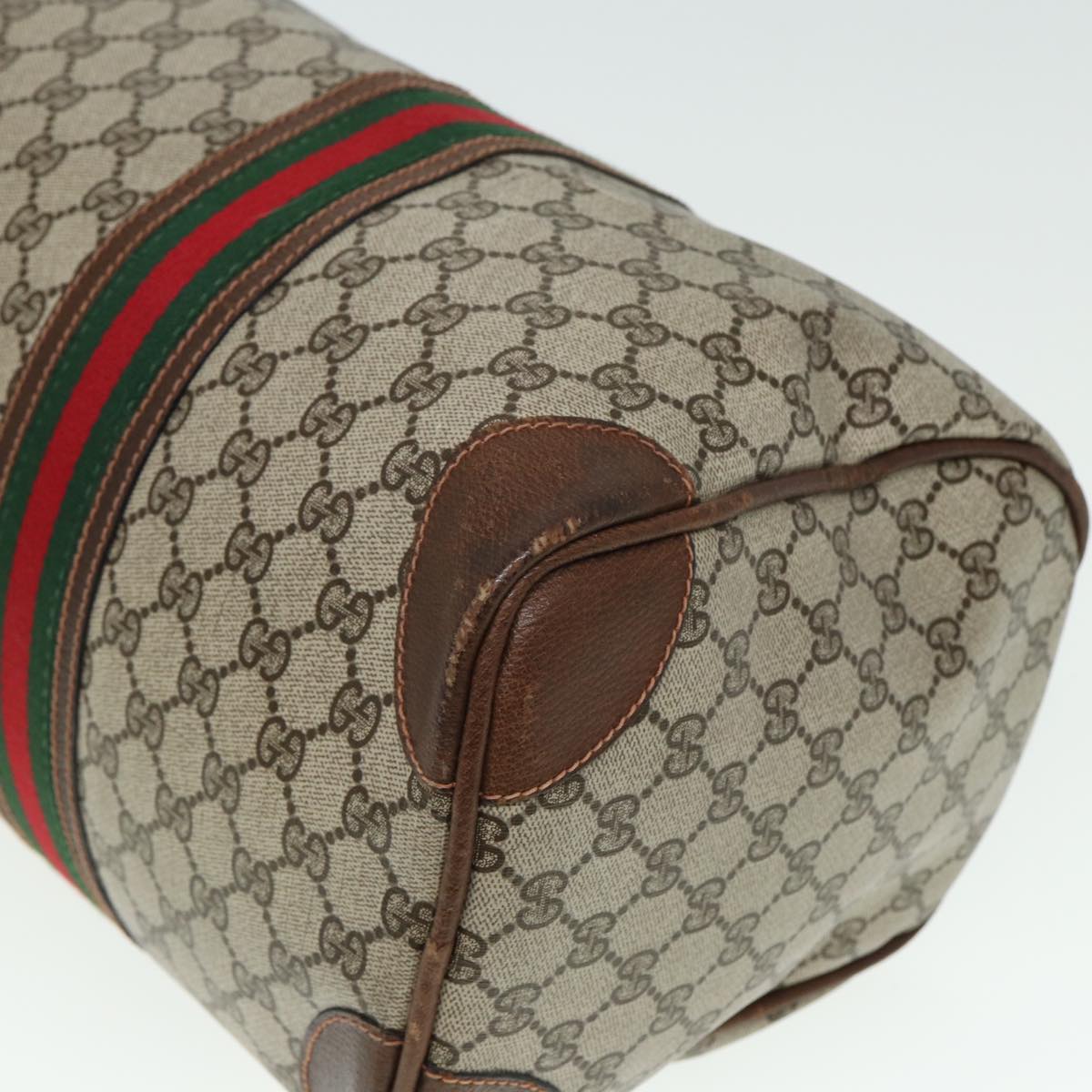 GUCCI GG Supreme Web Sherry Line Boston Bag PVC Leather Beige Red mr334