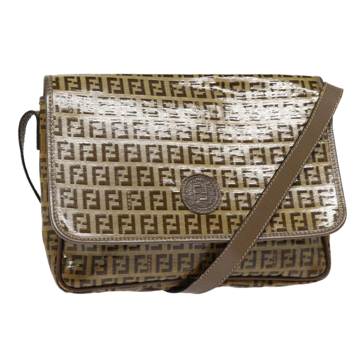 FENDI Zucchino Canvas Shoulder Bag Brown Silver mr463