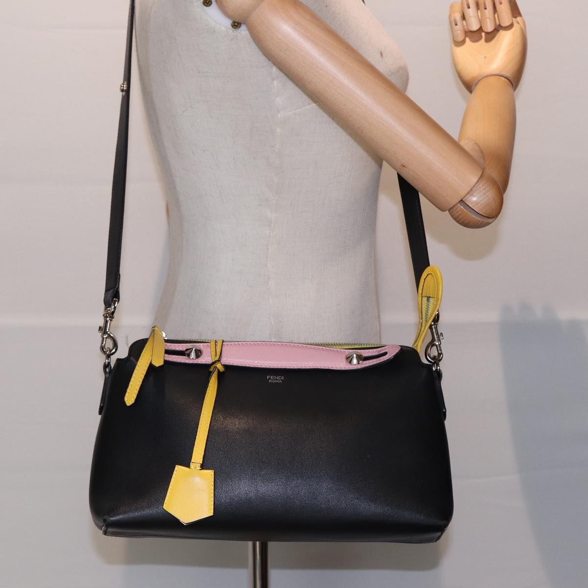 FENDI By The Way Medium Hand Bag Leather 2way Black Silver mr464