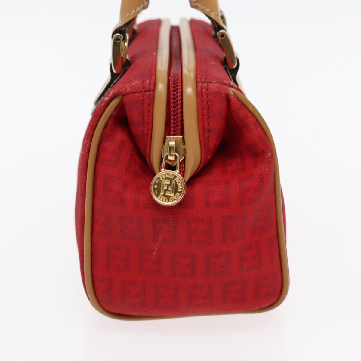 FENDI Zucchino Canvas Hand Bag 2way Red Brown Gold mr568