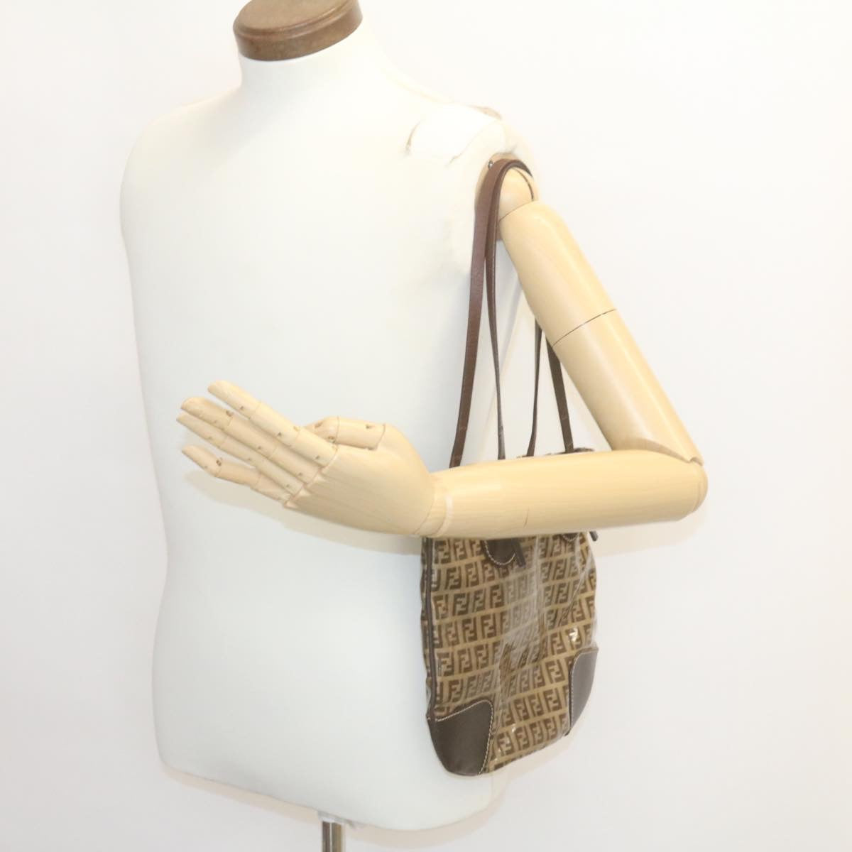 FENDI Zucchino Canvas Mamma Baguette Shoulder Bag Enamel Brown 34666