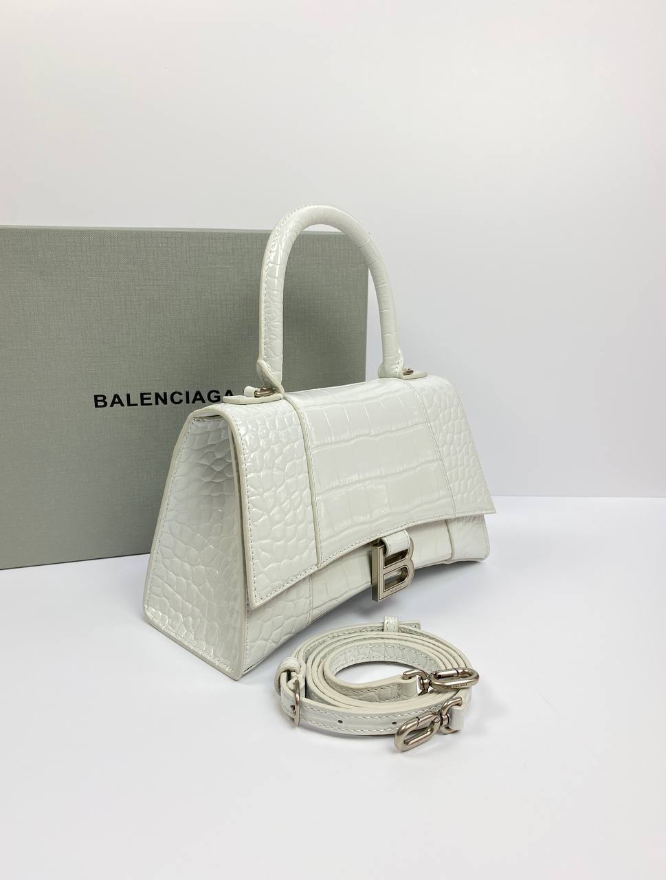 Balenciaga Hourglass croc-effect leather cross-body bag white