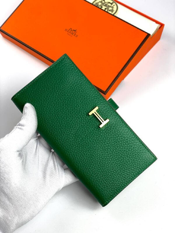 HermÃƒÆ’Ã‚Â¨s green Bearn Compact Wallet, Epsom Etoupe and Gold Hardware