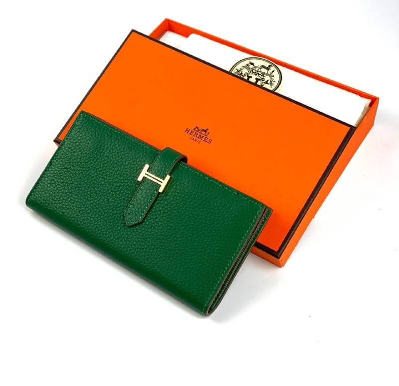 HermÃƒÆ’Ã‚Â¨s green Bearn Compact Wallet, Epsom Etoupe and Gold Hardware