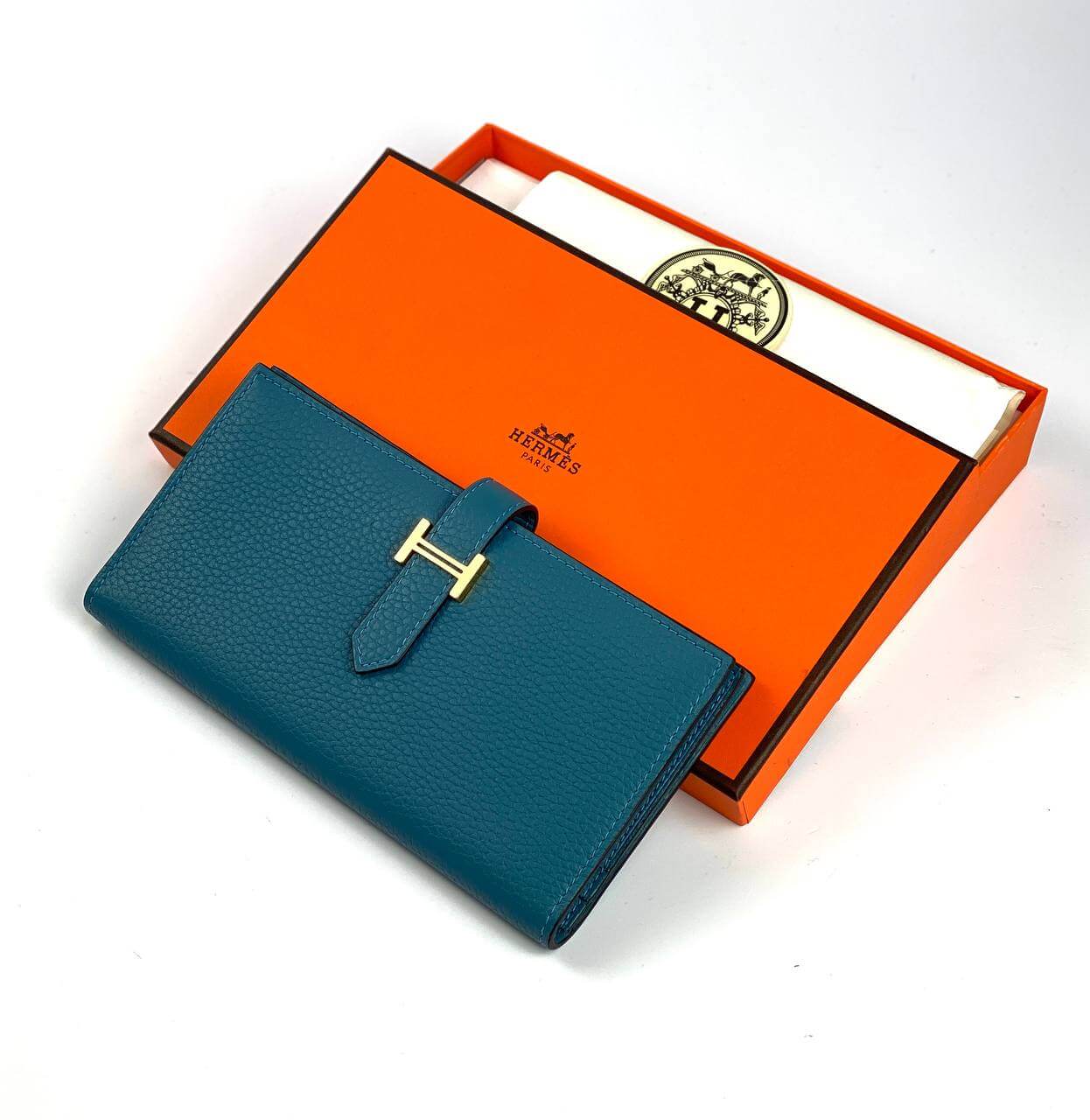 HermÃƒÆ’Ã‚Â¨s Blue Bearn Compact Wallet, Epsom Etoupe and Gold Hardware
