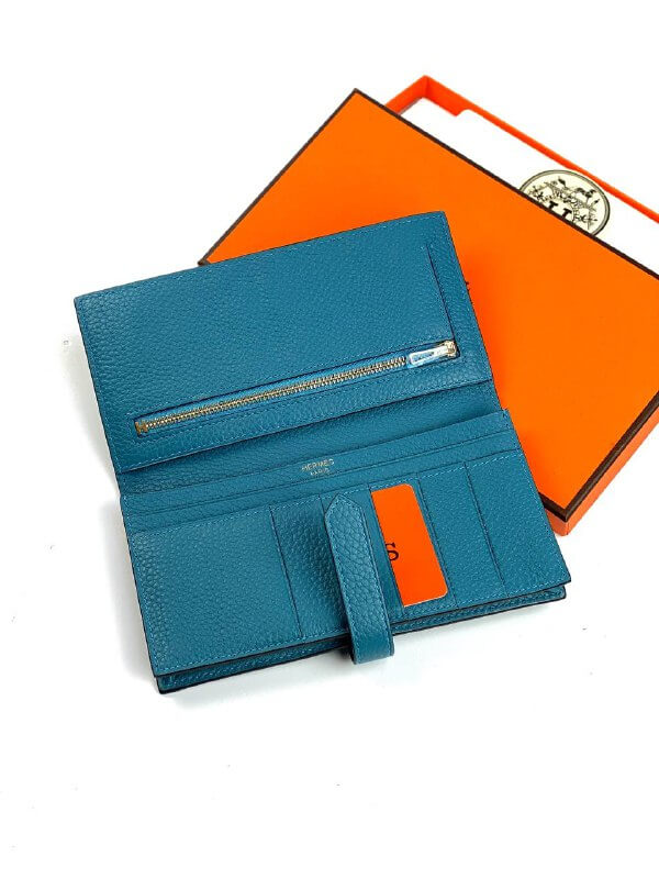 HermÃƒÆ’Ã‚Â¨s Blue Bearn Compact Wallet, Epsom Etoupe and Gold Hardware