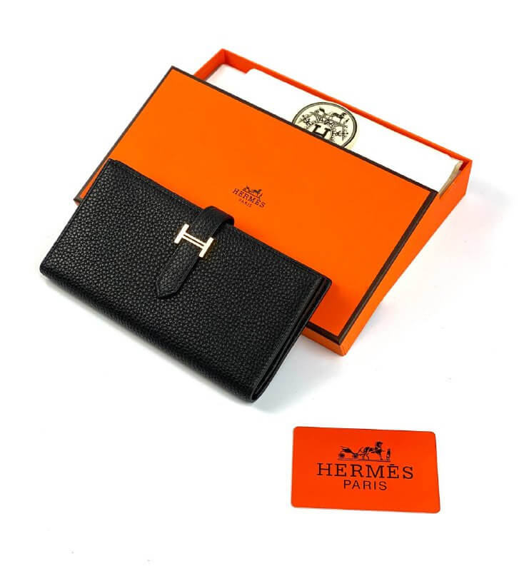 HermÃƒÆ’Ã‚Â¨s black  Bearn Compact Wallet, Epsom Etoupe and Gold Hardware