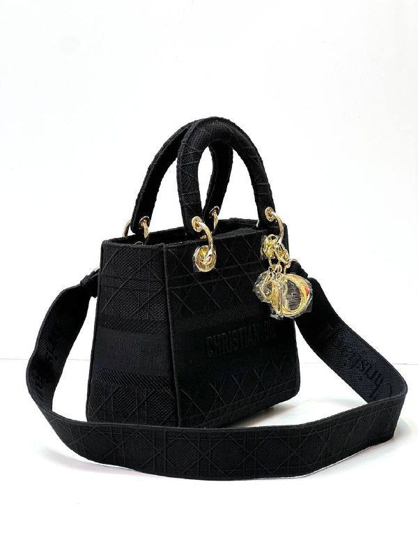 MEDIUM LADY D-LITE BAG Black Cannage embroidery