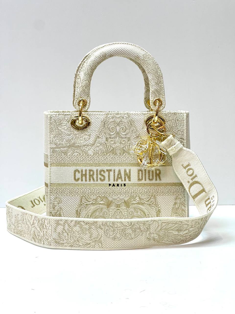 MEDIUM LADY D-LITE BAG In Beige Stripes Embroidery