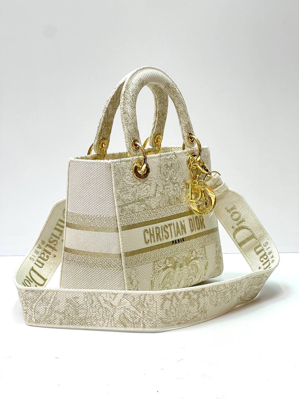 MEDIUM LADY D-LITE BAG In Beige Stripes Embroidery