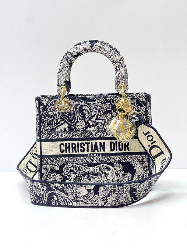 MEDIUM LADY D-LITE BAG Blue Toile de Jouy Embroidery