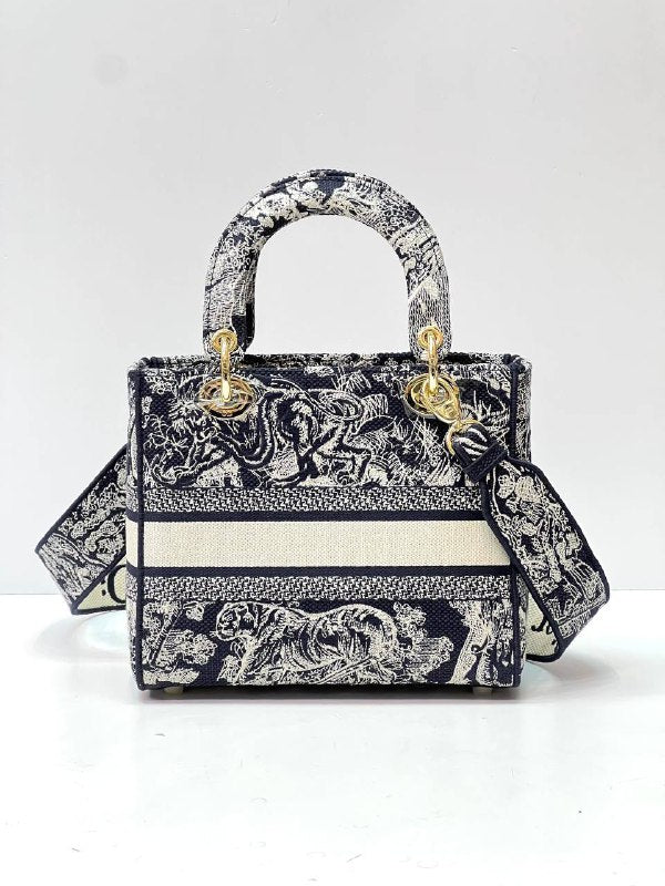 MEDIUM LADY D-LITE BAG Blue Toile de Jouy Embroidery