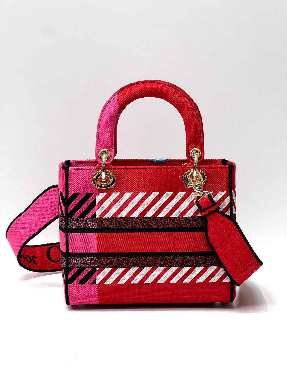 MEDIUM LADY D-LITE BAG Bright Pink Multicolor D-Flower Pop Embroidery
