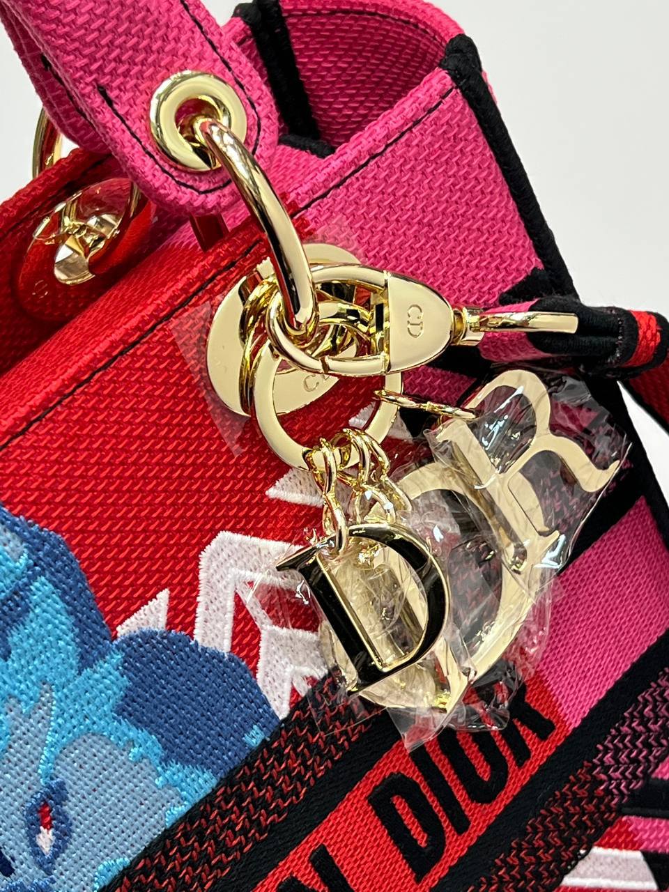MEDIUM LADY D-LITE BAG Bright Pink Multicolor D-Flower Pop Embroidery