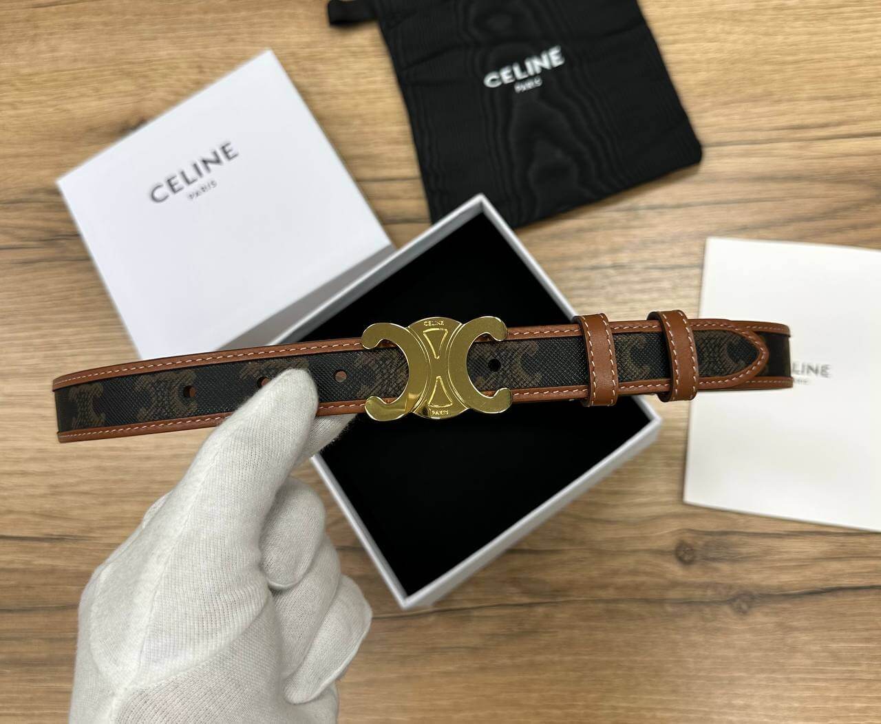 WITH BORDER TRIOMPHE BELT IN TRIOMPHE CANVAS AND CALFSKIN TAN