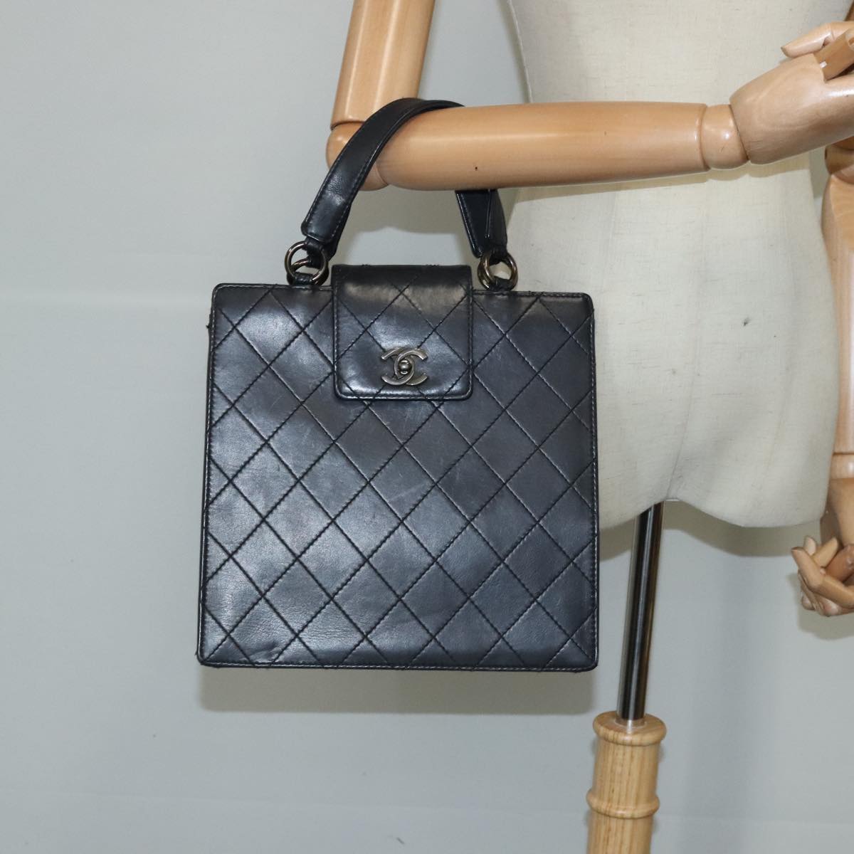 CHANEL Hand Bag Lamb Skin Black CC PP003