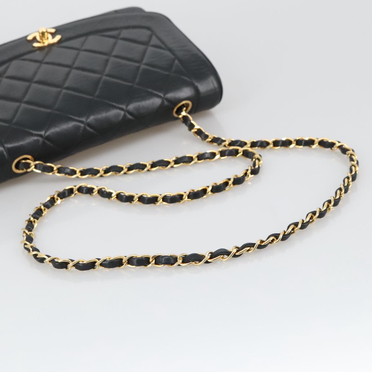 CHANEL Diana 25 Chain Shoulder Bag Lamb Skin Black Gold CC PP030