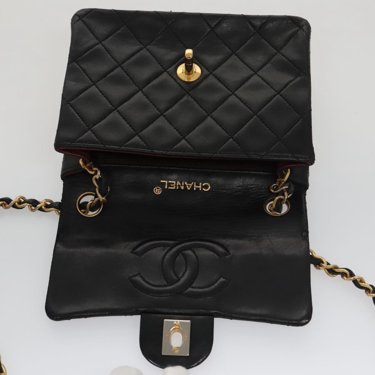 CHANEL Mini Materasse 17 Chain Shoulder Bag Lamb Skin Black Gold CC PP038