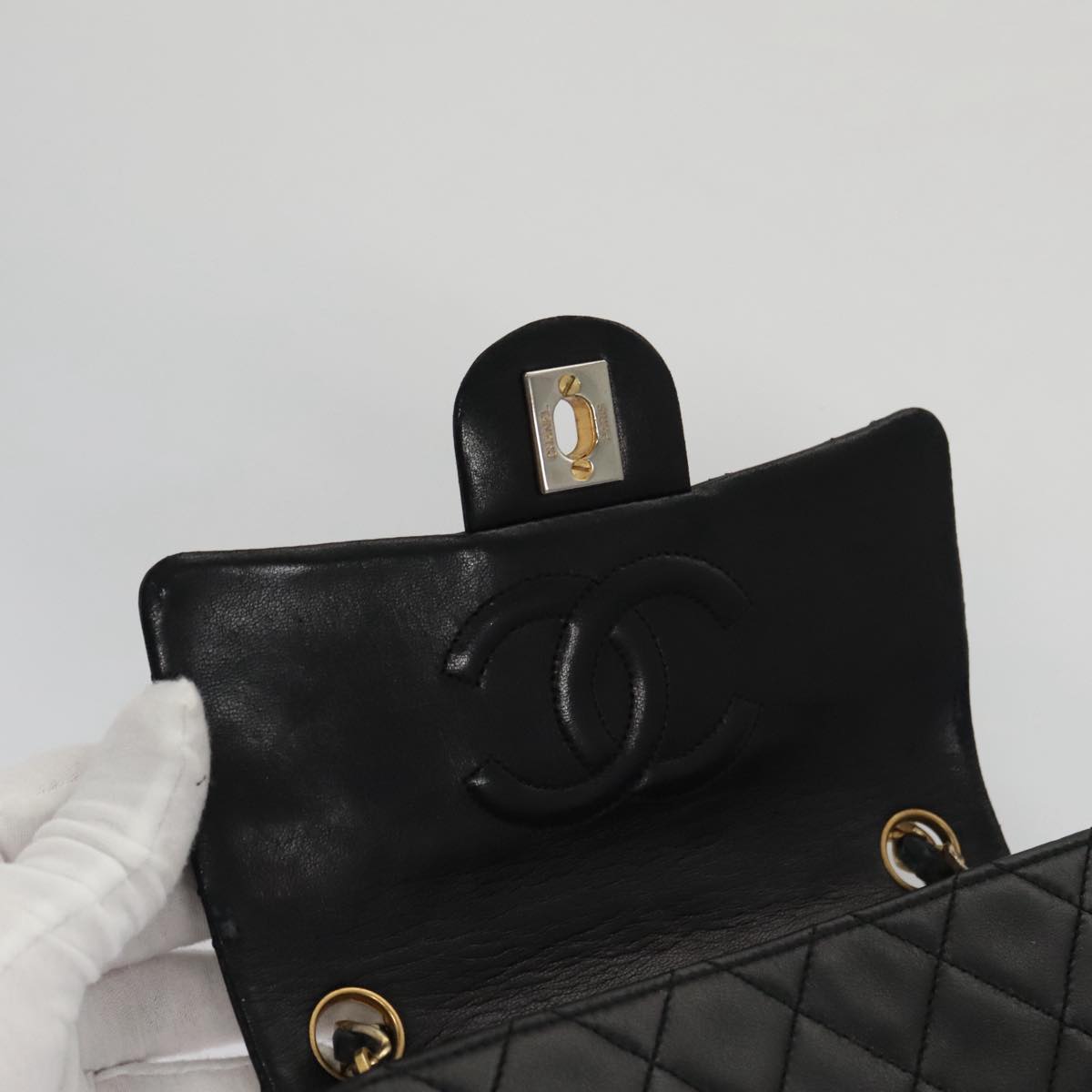 CHANEL Mini Materasse 17 Chain Shoulder Bag Lamb Skin Black Gold CC PP038