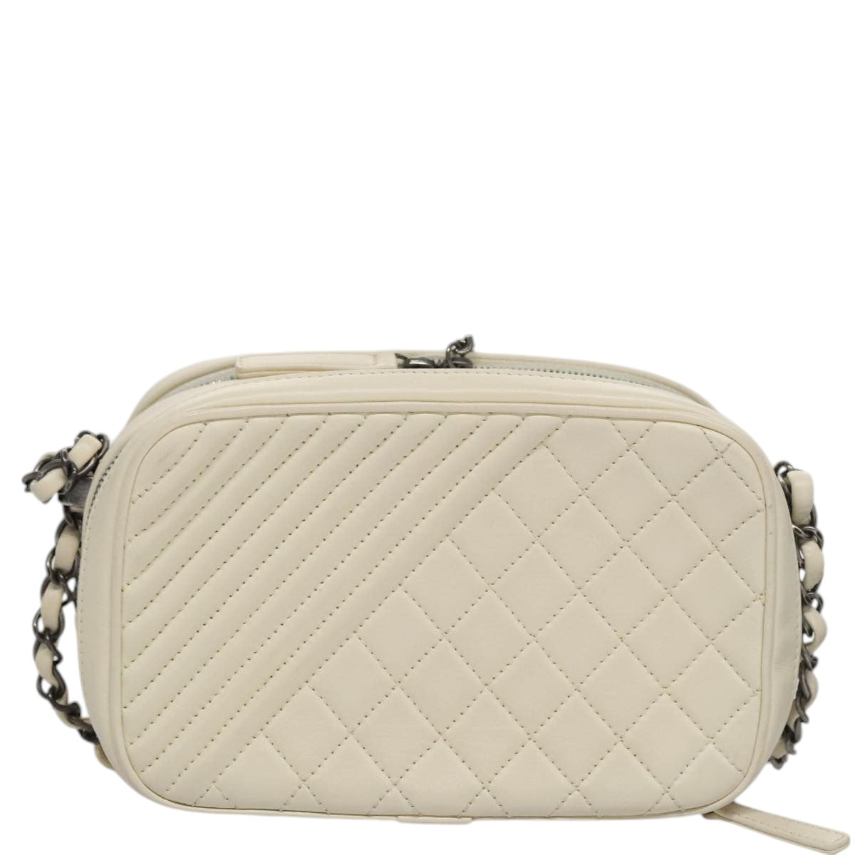 CHANEL Matelasse Chain Shoulder Bag Lamb Skin White CC PP060