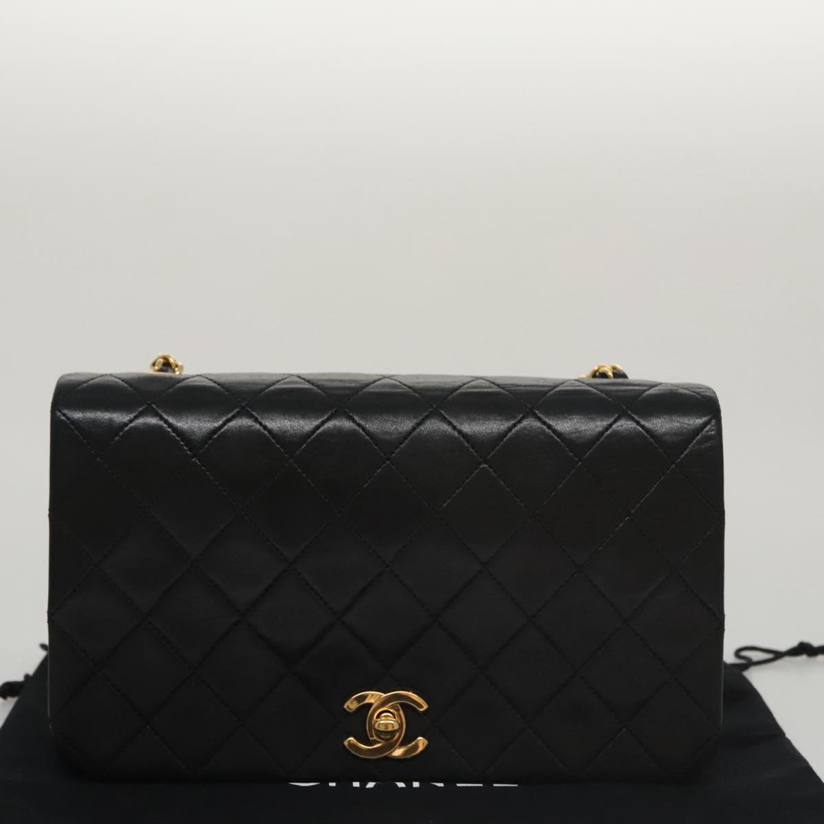 CHANEL Matelasse Chain Shoulder Bag Lamb Skin Black Gold CC PP106A