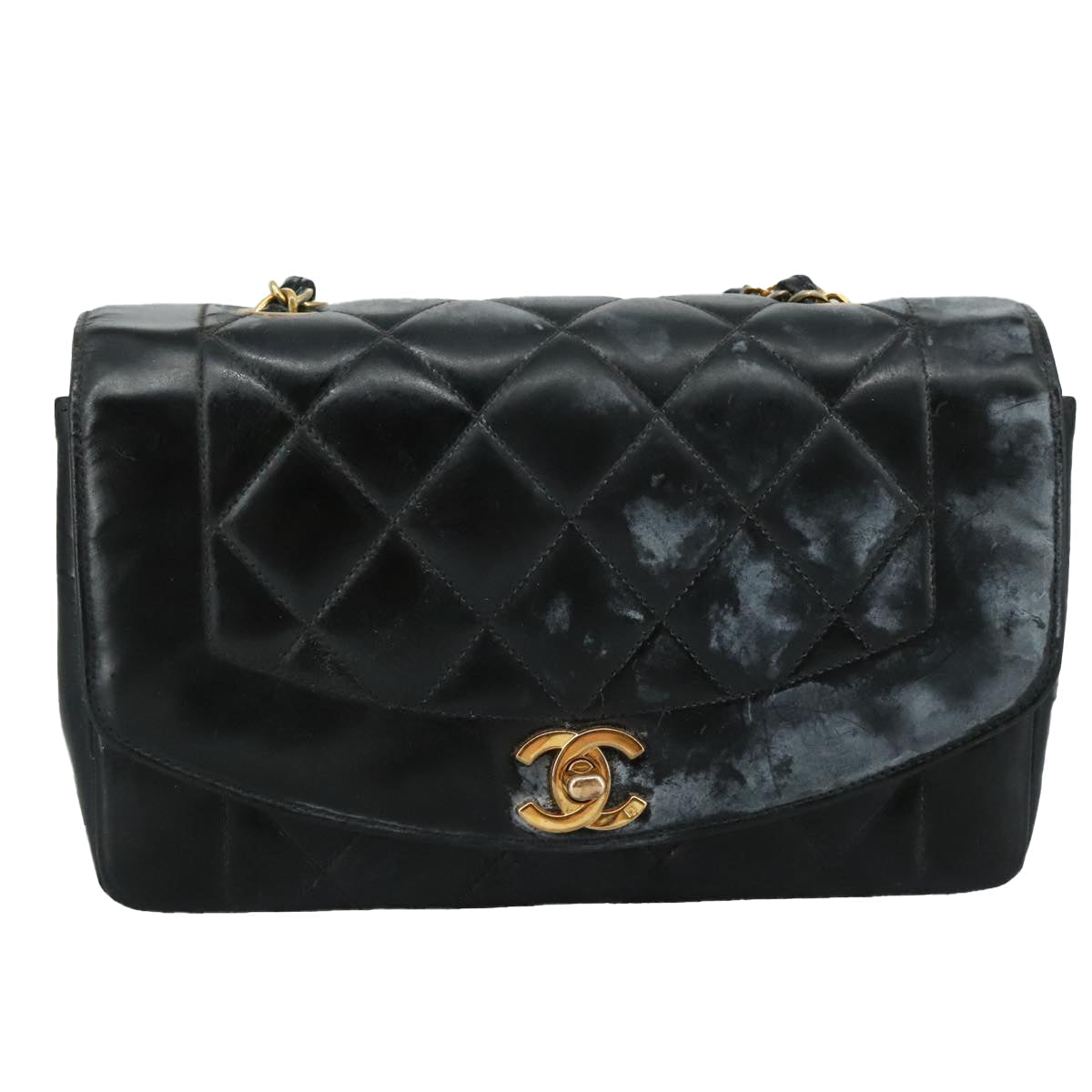 CHANEL Chain Diana Shoulder Bag Patent leather Black Gold CC PP136