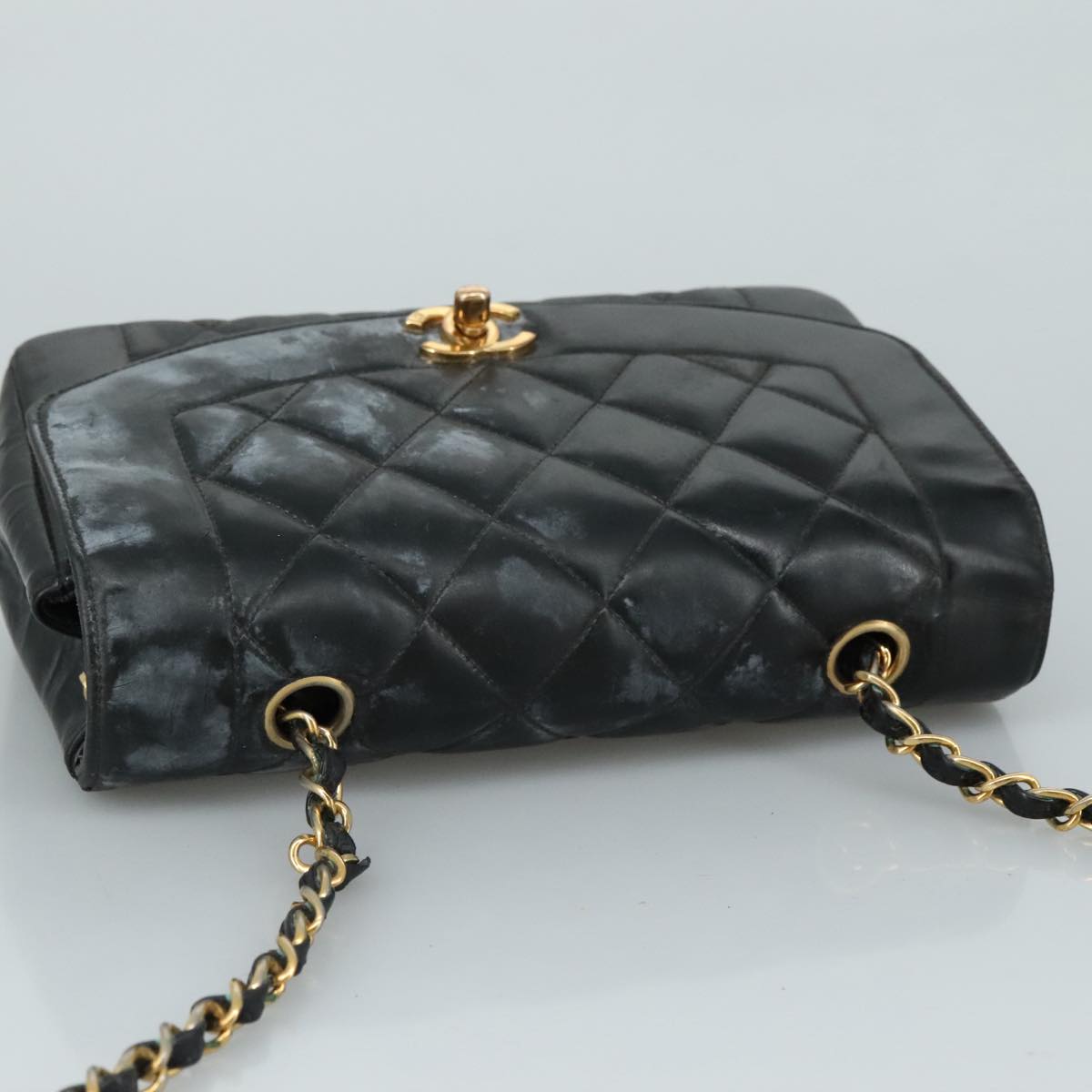 CHANEL Chain Diana Shoulder Bag Patent leather Black Gold CC PP136