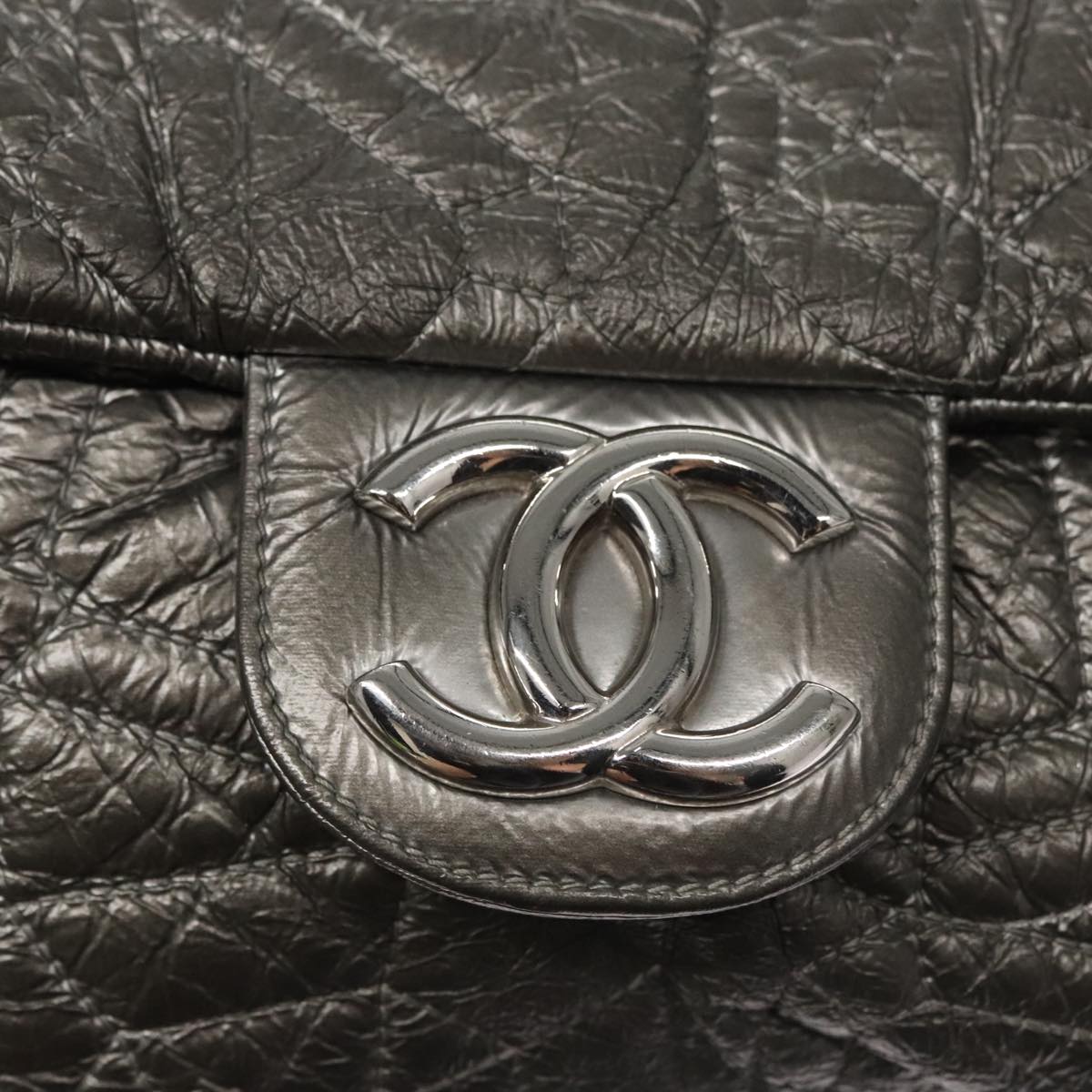 CHANEL Chain Shoulder Bag Nylon Gray Silver CC PP144