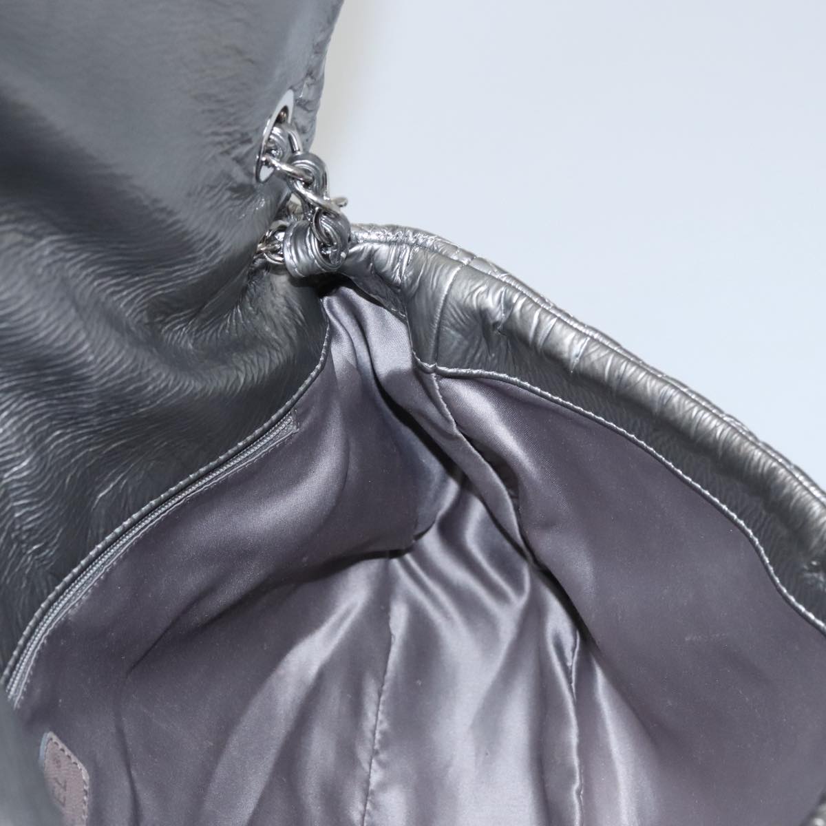 CHANEL Chain Shoulder Bag Nylon Gray Silver CC PP144