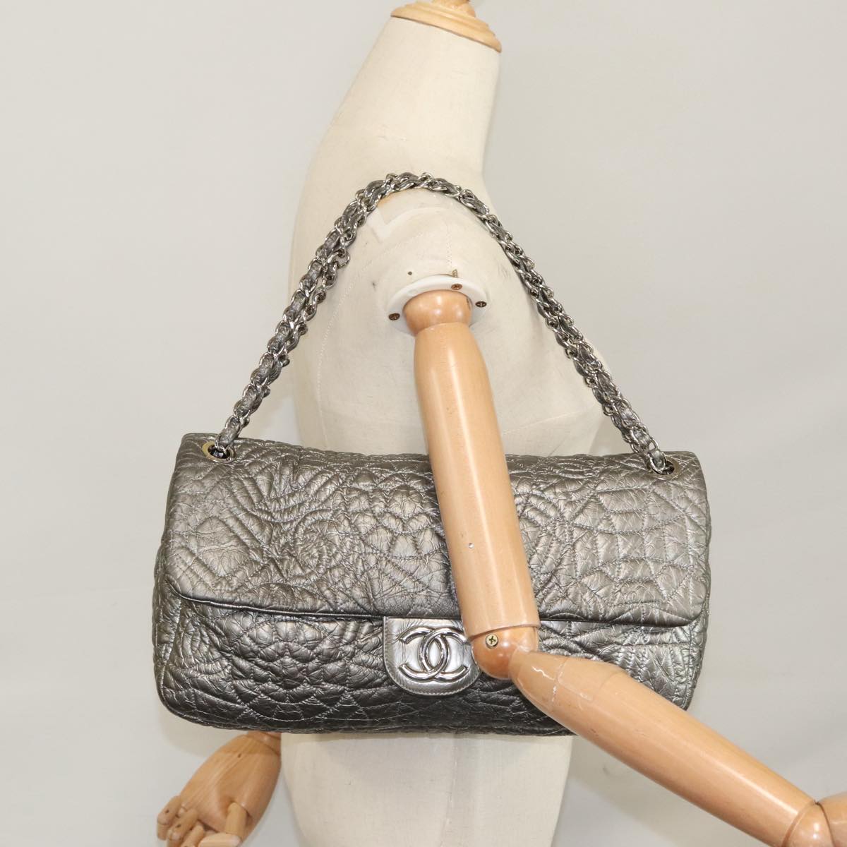 CHANEL Chain Shoulder Bag Nylon Gray Silver CC PP144