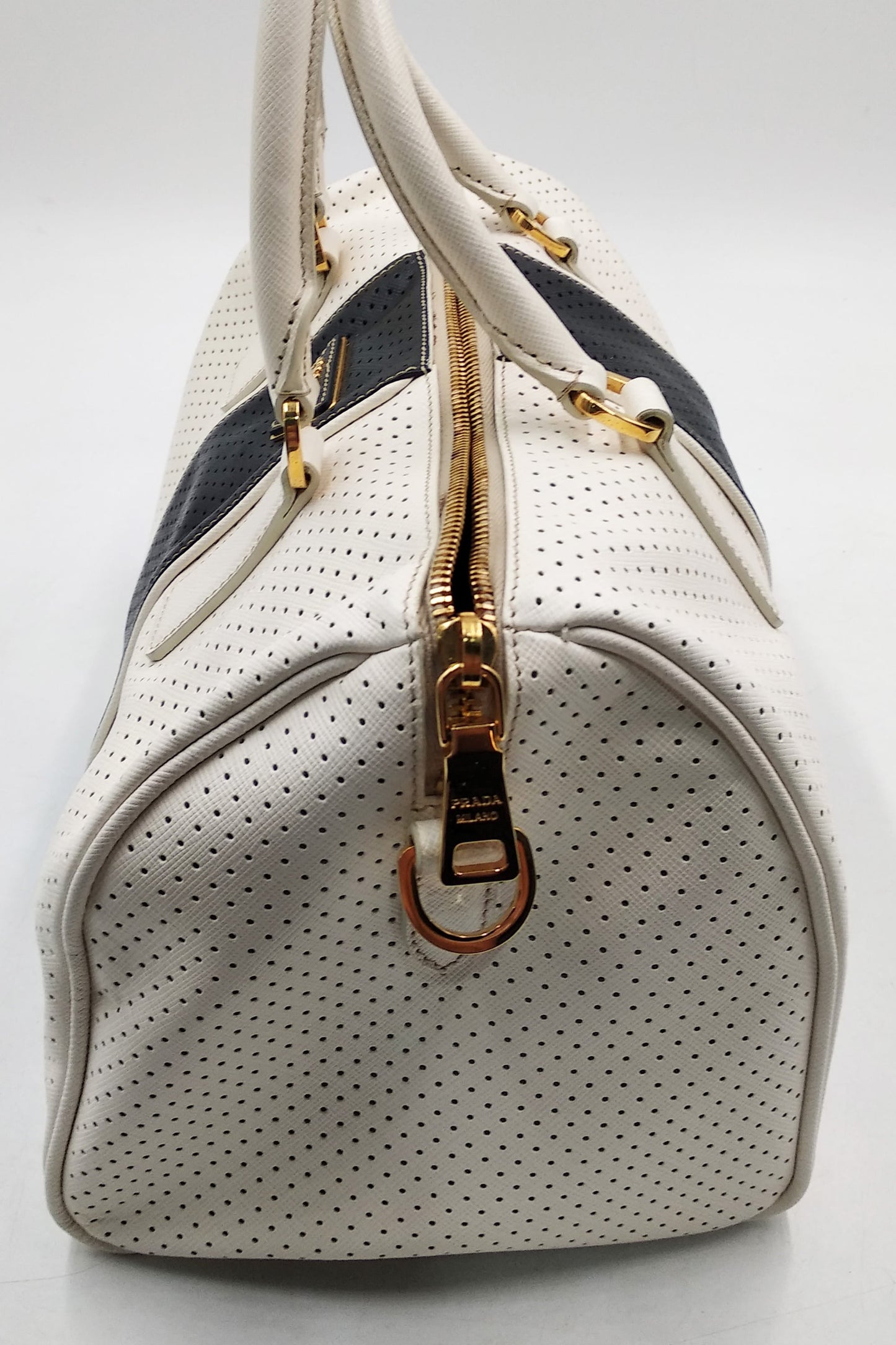 Saffiano Fori Perforated Boston Bag Bianco Black